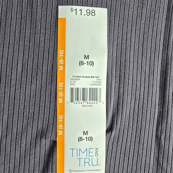 Time and Tru Puff Sleeve Rib Top.  Size Medium.  New without Tags.  Grey - Picture 2 of 6